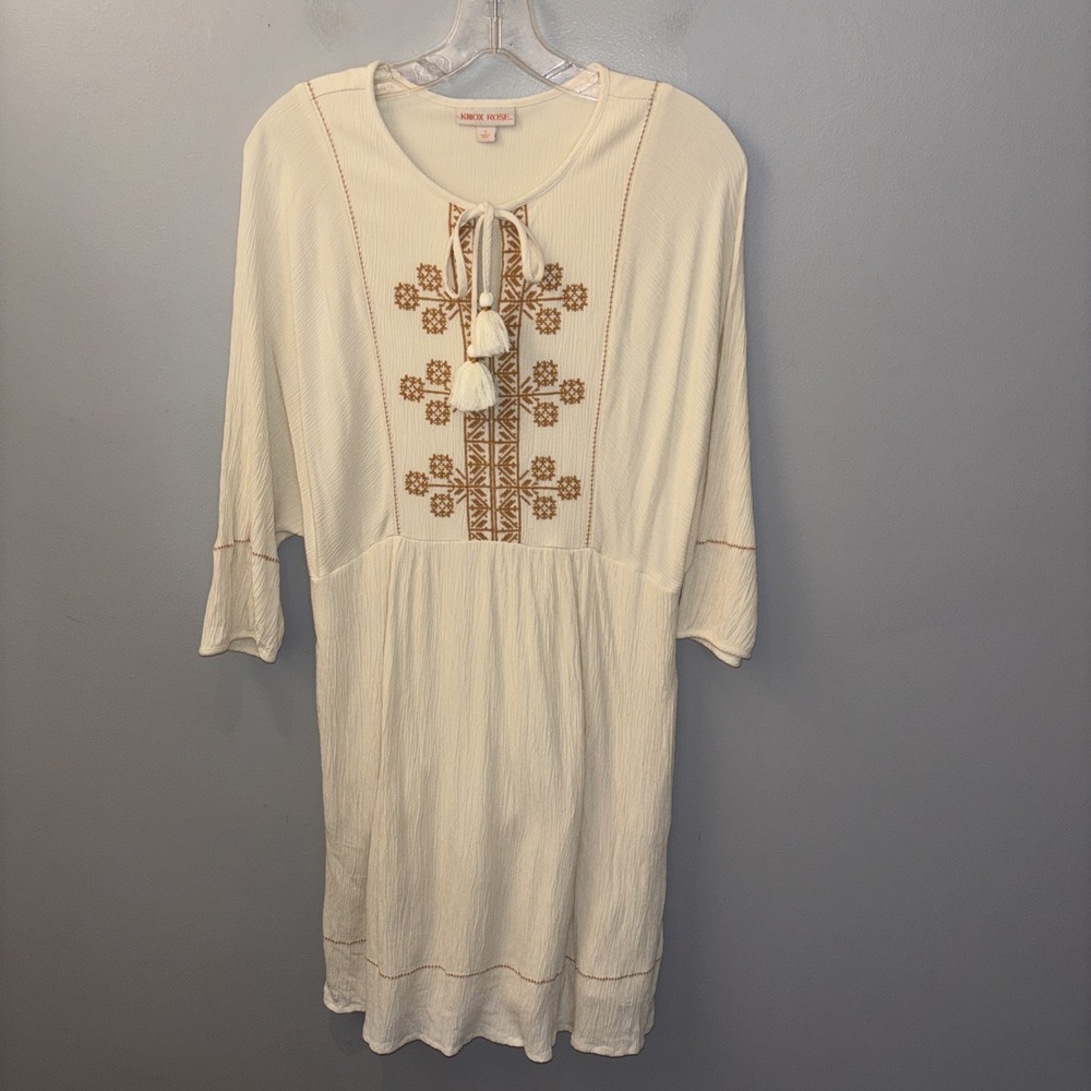 Knox Rose Boho Dress Embroidery Tassels 3/4 Sleeves Peasant Festival Size Small